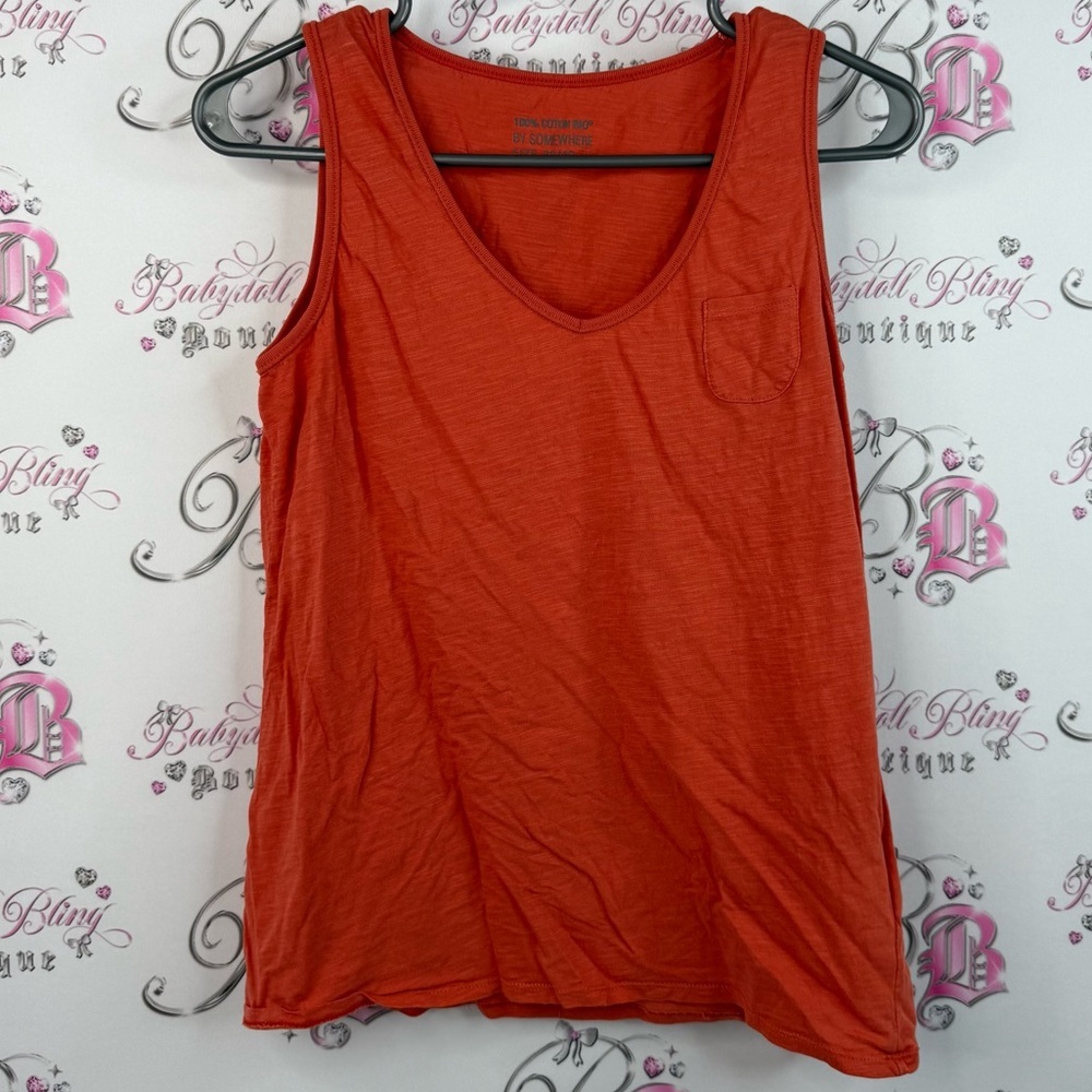 By somewhere tank top bright pocket on front Stylish Orange Sleeveless Tank Top